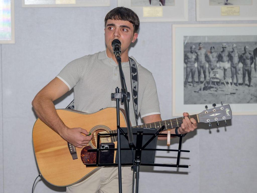 Harry Evans at North Avoca Surf Life Saving Club Senior Presentation Evening, playing Guitar and Singing, Formal Attire, Australia NSW Central Coast